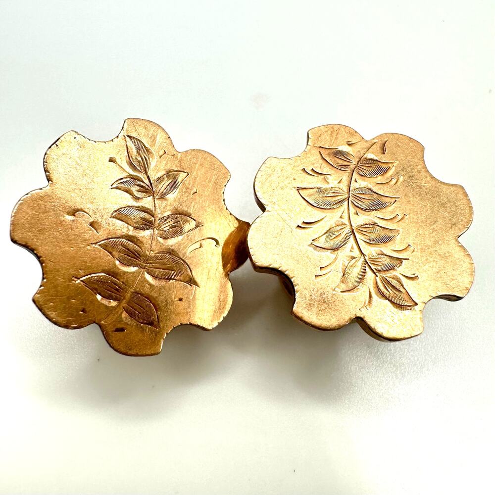 Antique Victorian signed 1880s rose gold filled etched fern leaves cufflinks